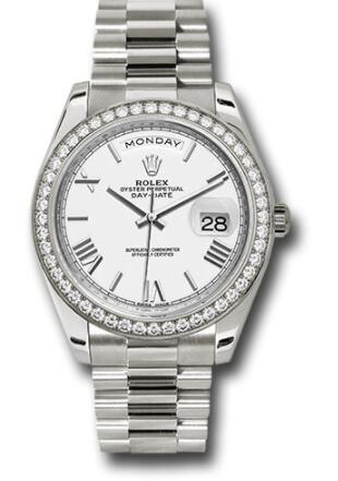 Replica Rolex White Gold Day-Date 40 Watch 228349RBR Bezel White Bevelled Roman Dial President Bracelet